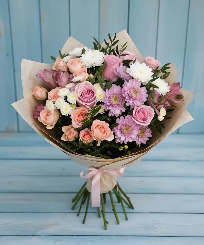 Букет цветов из: Хризантемы, Розы и Альстромерии в Юрты