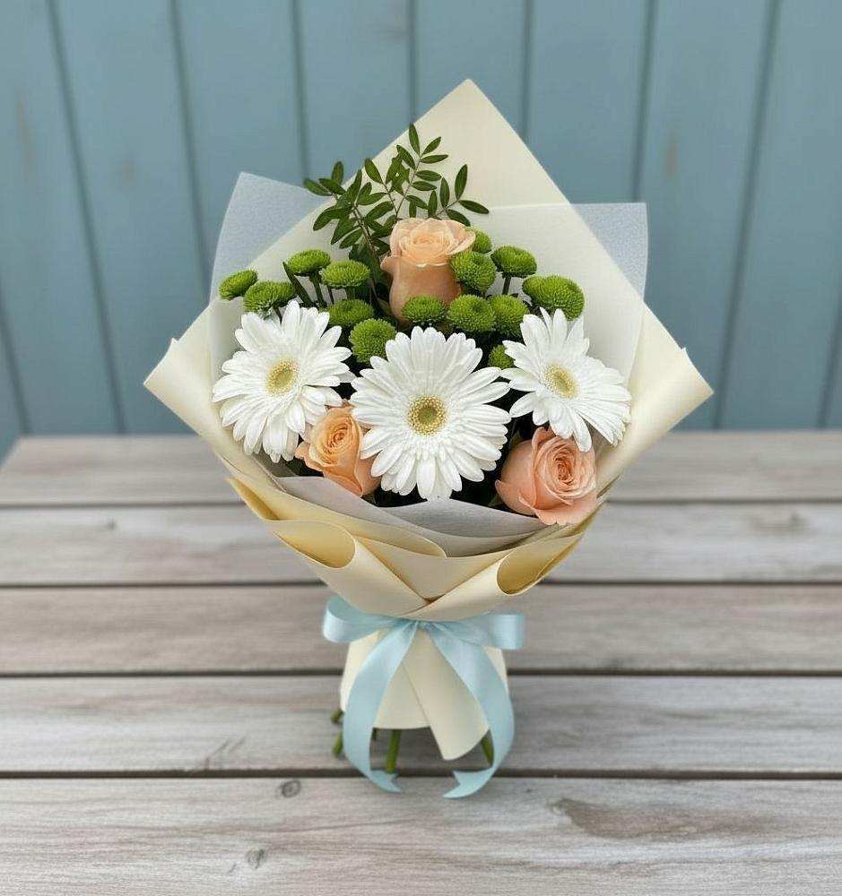 Букет цветов из: Герберы, Розы и Хризантемы в Юрты