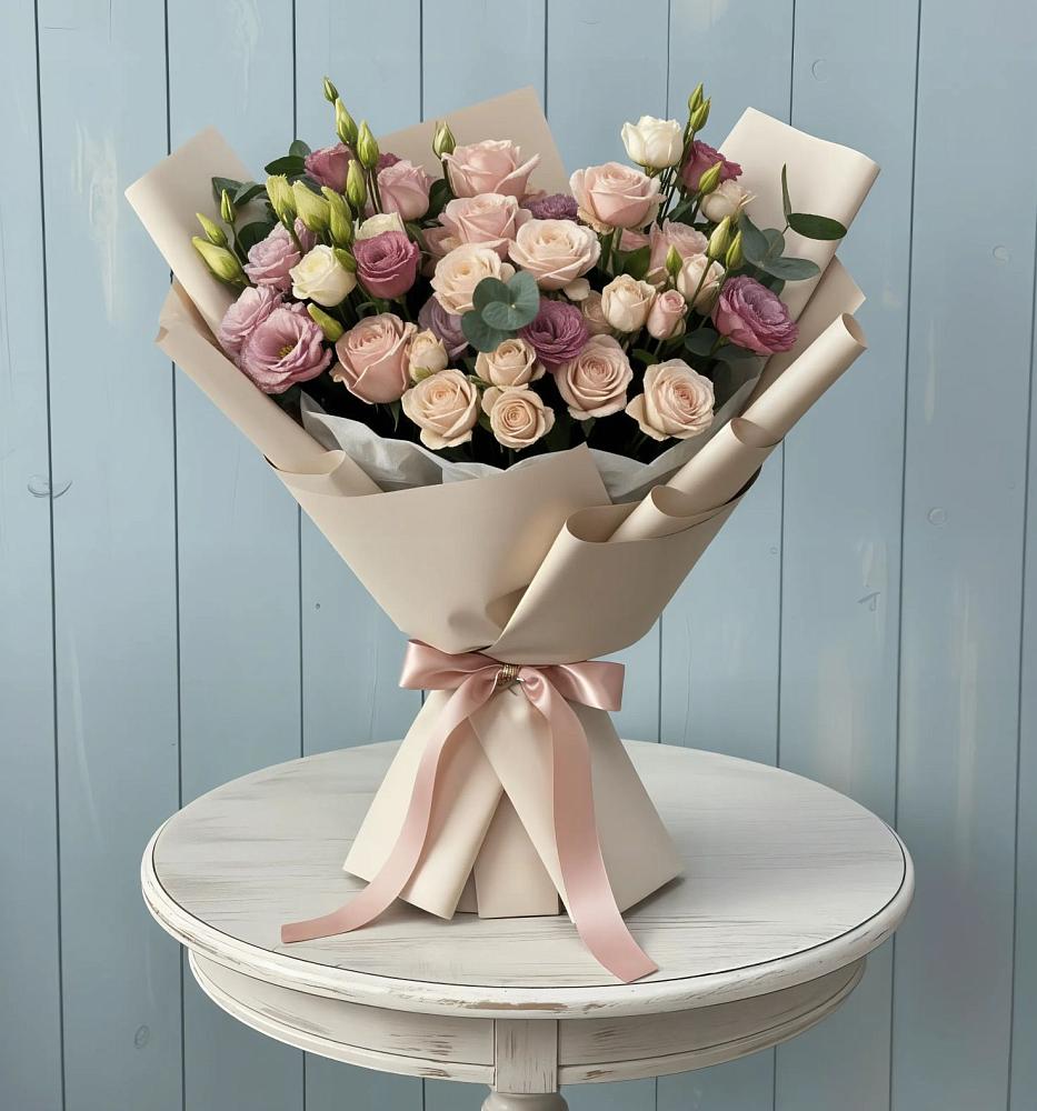 Букет цветов из: Розы и Лизиантусы в Юрты