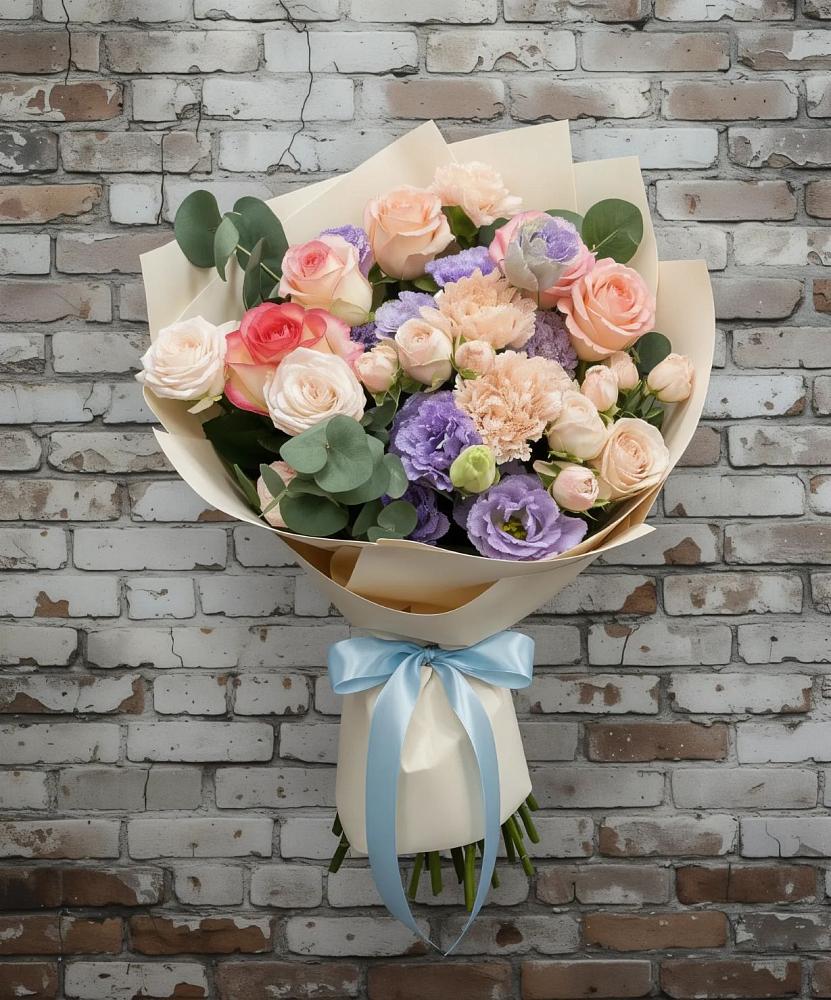 Букет цветов из: Розы, Лизиантусы и Гвоздики в Юрты