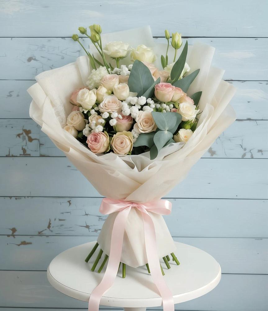 Букет цветов из: Розы и Лизиантусы в Юрты