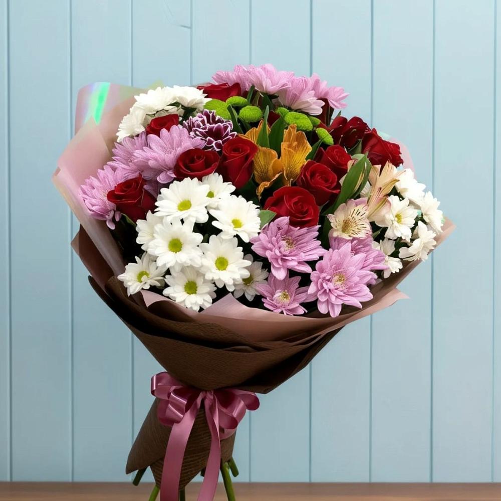 Букет цветов из: Розы, Хризантемы и Альстромерии в Юрты