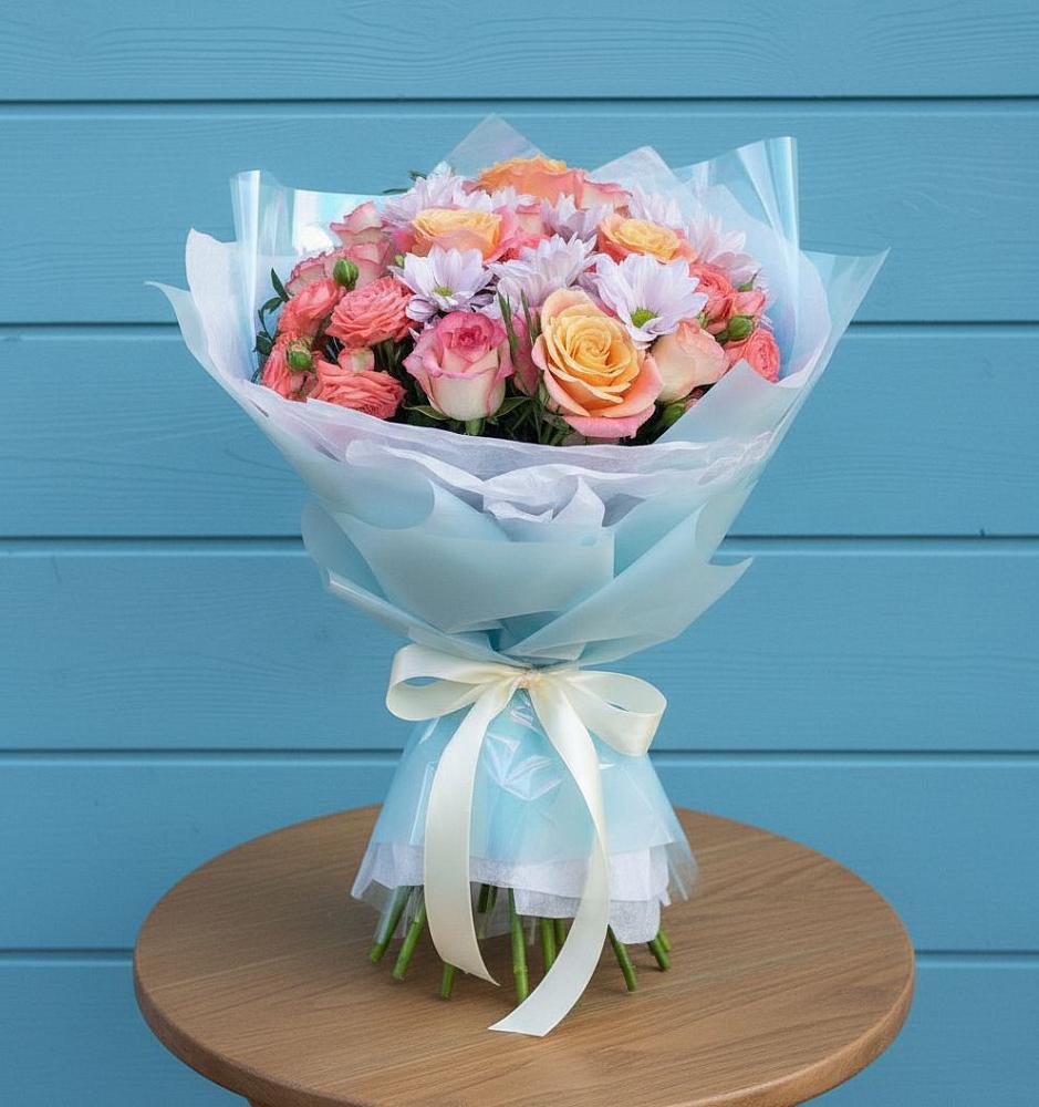 Букет цветов из: Хризантемы и Розы в Юрты