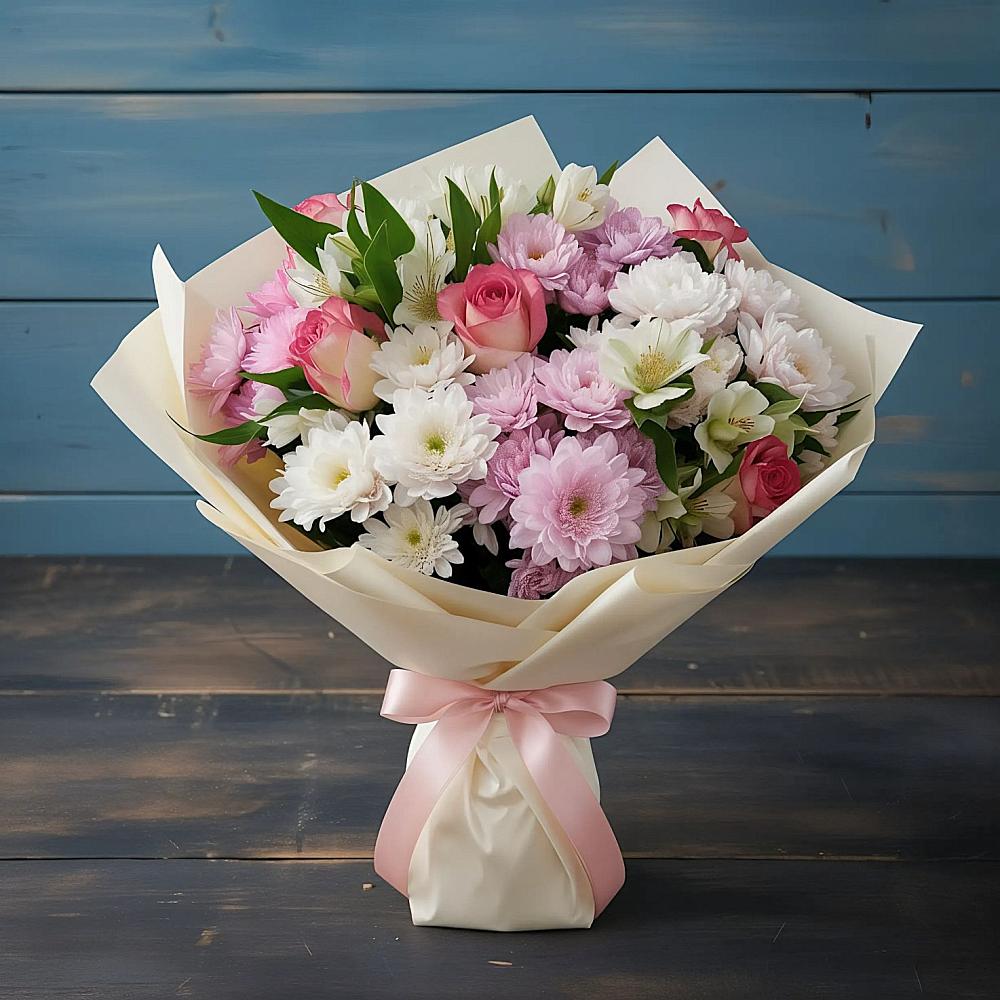 Букет цветов из: Хризантемы, Альстромерии и Розы в Юрты